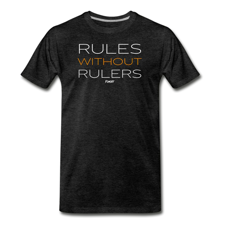 "Get Your Hands on the Revolutionary Rules Without Rulers Bitcoin T-Shirt at FOMO21.com - The Perfect Way to Show Your Support for the Decentralized Movement"