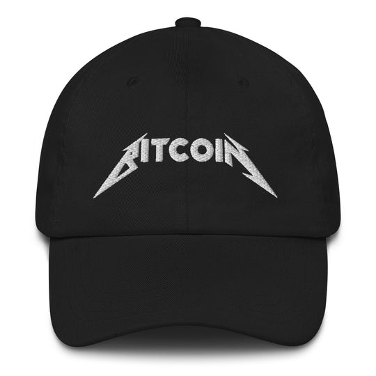 This is a link to Dad Hats. The image features Bitcoin Rocks (White Embroidery) Dad Hat
