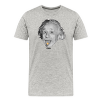 Load image into Gallery viewer, Athletic heather t-shirt featuring a bold graphic of Albert Einstein with a Bitcoin logo on his tongue, perfect for crypto and science fans
