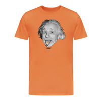Load image into Gallery viewer, Burnt orange t-shirt with a playful Albert Einstein graphic and Bitcoin logo accent, designed for bold crypto enthusiasts
