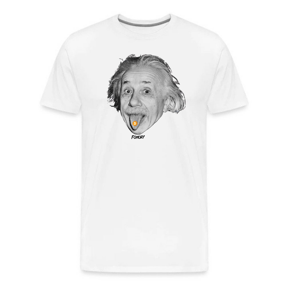 White t-shirt with a striking Einstein and Bitcoin mashup design, showcasing a clean and modern crypto-inspired look