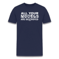 Load image into Gallery viewer, All Your Models Are Destroyed OPSEC Bitcoin T-shirt in navy blue featuring clean white text, a great choice for privacy-focused bitcoin fans
