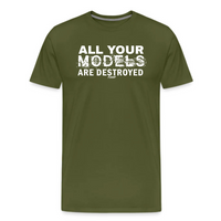 Load image into Gallery viewer, All Your Models Are Destroyed OPSEC Bitcoin T-shirt in olive green featuring clean white text, a great choice for privacy-focused bitcoin fans
