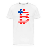 Load image into Gallery viewer, American Flag Bitcoin B T-Shirt in white, bold Bitcoin and American flag print
