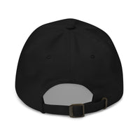 Load image into Gallery viewer, Back view of black &quot;Ask Me About Bitcoin&quot; dad hat with adjustable strap and unstructured design.
