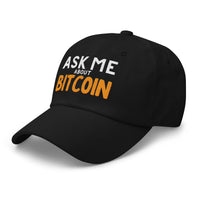 Load image into Gallery viewer, Left side view of black &quot;Ask Me About Bitcoin&quot; dad hat showing embroidered text and curved brim.
