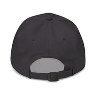Load image into Gallery viewer, Back view of dark grey &quot;Ask Me About Bitcoin&quot; dad hat with adjustable strap and unstructured design.
