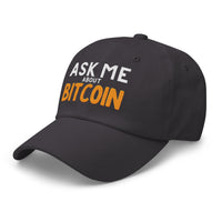 Load image into Gallery viewer, Left side view of dark grey &quot;Ask Me About Bitcoin&quot; dad hat showing embroidered text and curved brim.
