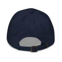 Load image into Gallery viewer, Back view of navy &quot;Ask Me About Bitcoin&quot; dad hat with adjustable strap and unstructured design.
