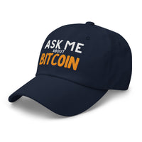 Load image into Gallery viewer, Left side view of navy &quot;Ask Me About Bitcoin&quot; dad hat showing embroidered text and curved brim.
