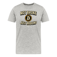 Load image into Gallery viewer, Athletic heather Bitcoin t-shirt with bold &quot;Not Broke Just Hodling&quot; slogan and central BTC logo for crypto enthusiasts
