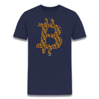 Load image into Gallery viewer, heather midnight navy bitcoin t-shirt with orange pills graphic and bold &quot;B&quot; logo
