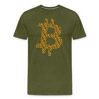 Load image into Gallery viewer, olive green bitcoin t-shirt featuring orange pills design and standout &quot;B&quot; emblem
