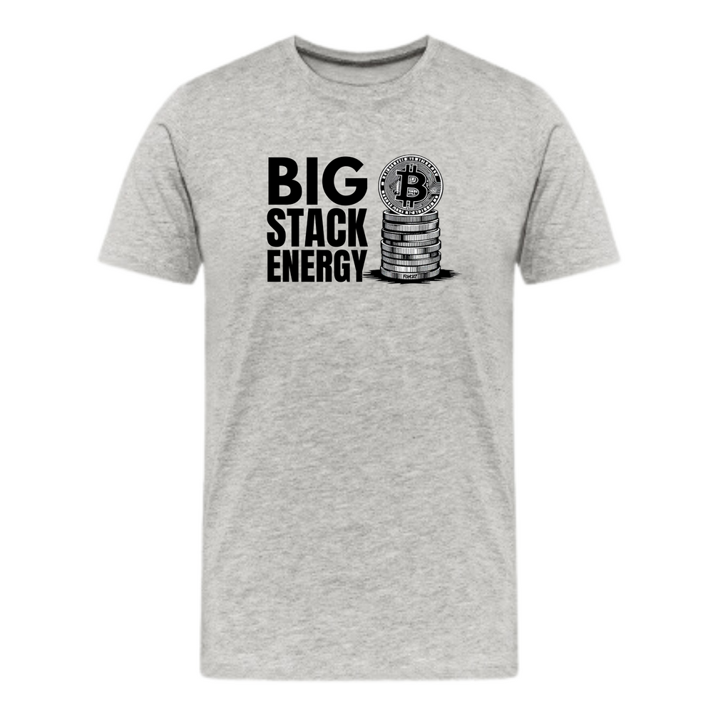 heather grey bitcoin graphic t-shirt with big stack energy slogan and coin stack illustration