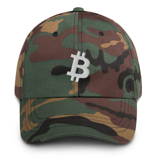 Bitcoin B Angled (White Embroidery) Camo Dad Hat-fomo21