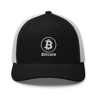 Load image into Gallery viewer, Bitcoin B Circle Logo With Text (White Embroidery) Trucker Hat-fomo21
