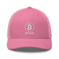 Load image into Gallery viewer, Bitcoin B Circle Logo With Text (White Embroidery) Trucker Hat-fomo21
