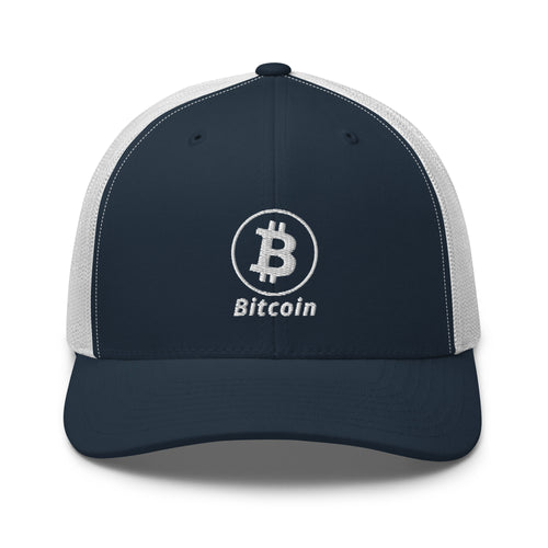 Bitcoin B Circle Logo With Text (White Embroidery) Trucker Hat-fomo21