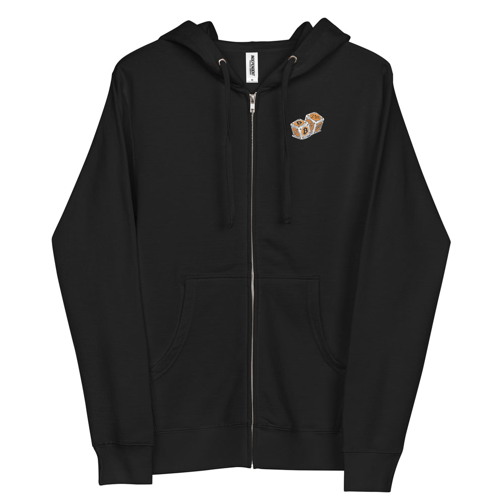 Black zip-up hoodie sweatshirt with "Bitcoin Dice Las Vegas 2025" design