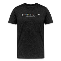Load image into Gallery viewer, dark grey heather bitcoin t-shirt with friends-style design and crypto slogan
