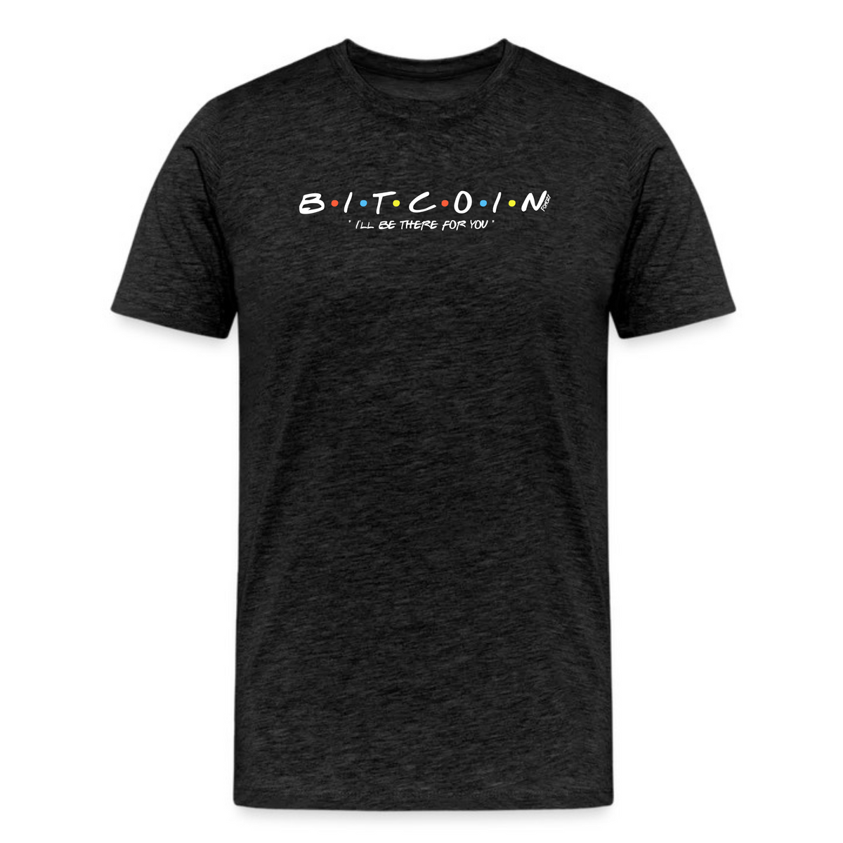 dark grey heather bitcoin t-shirt with friends-style design and crypto slogan