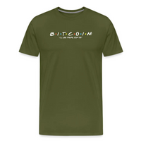 Load image into Gallery viewer, olive bitcoin tee with colorful friends-style bitcoin logo and slogan
