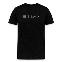 Load image into Gallery viewer, Black short sleeve t-shirt with white Roman numerals "III · I · MMIX" referencing January 3, 2009, the Bitcoin genesis date.
