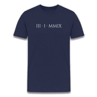 Load image into Gallery viewer, Heather midnight navy t-shirt featuring "III · I · MMIX" in white text, symbolizing the Bitcoin launch date of January 3, 2009.
