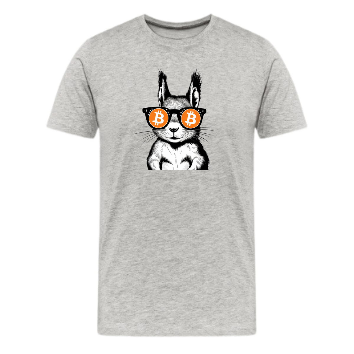 Bitcoin Is For The Squirrels T-shirt in athletic heather gray with Bitcoin logo sunglasses graphic, unisex