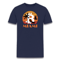 Load image into Gallery viewer, navy bitcoin miami t-shirt featuring sunset design with palm tree and sailboat
