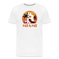 Load image into Gallery viewer, white bitcoin miami t-shirt with sunset graphic and retro beach design
