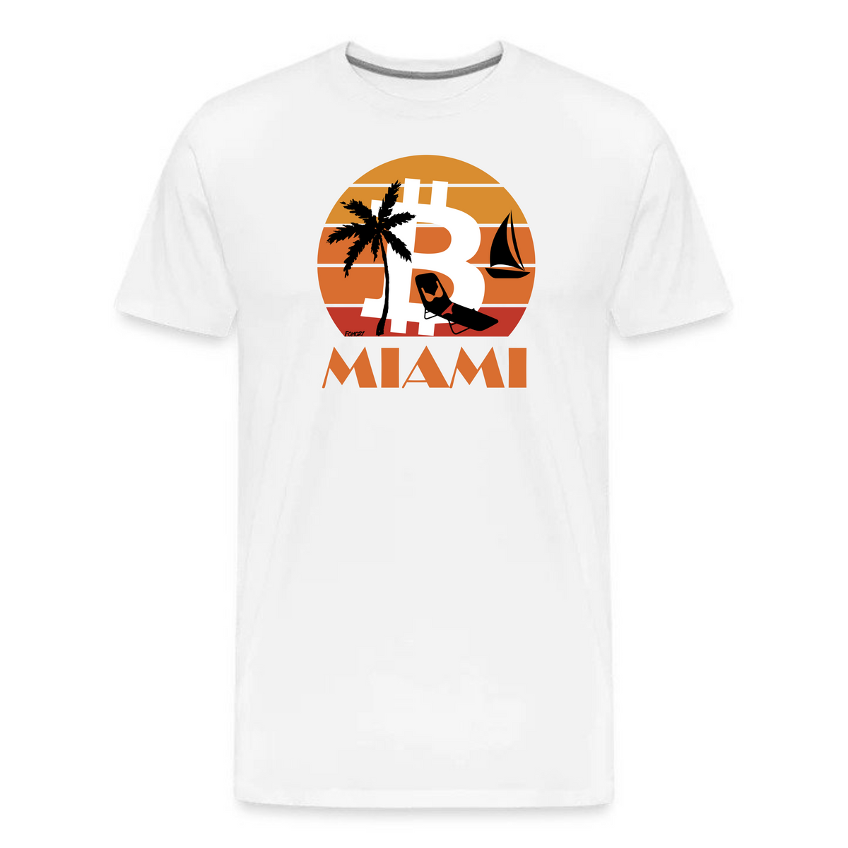 white bitcoin miami t-shirt with sunset graphic and retro beach design