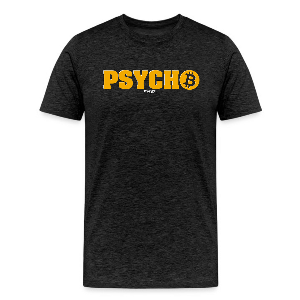 Dark grey heather Bitcoin Psycho t-shirt with bold yellow text and Bitcoin symbol graphic on soft premium fabric