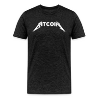 Load image into Gallery viewer, Dark grey heather Bitcoin t-shirt featuring a striking metal-inspired logo print
