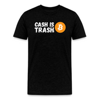 Load image into Gallery viewer, black bitcoin-themed &quot;cash is trash&quot; t-shirt featuring bold white lettering and orange bitcoin symbol

