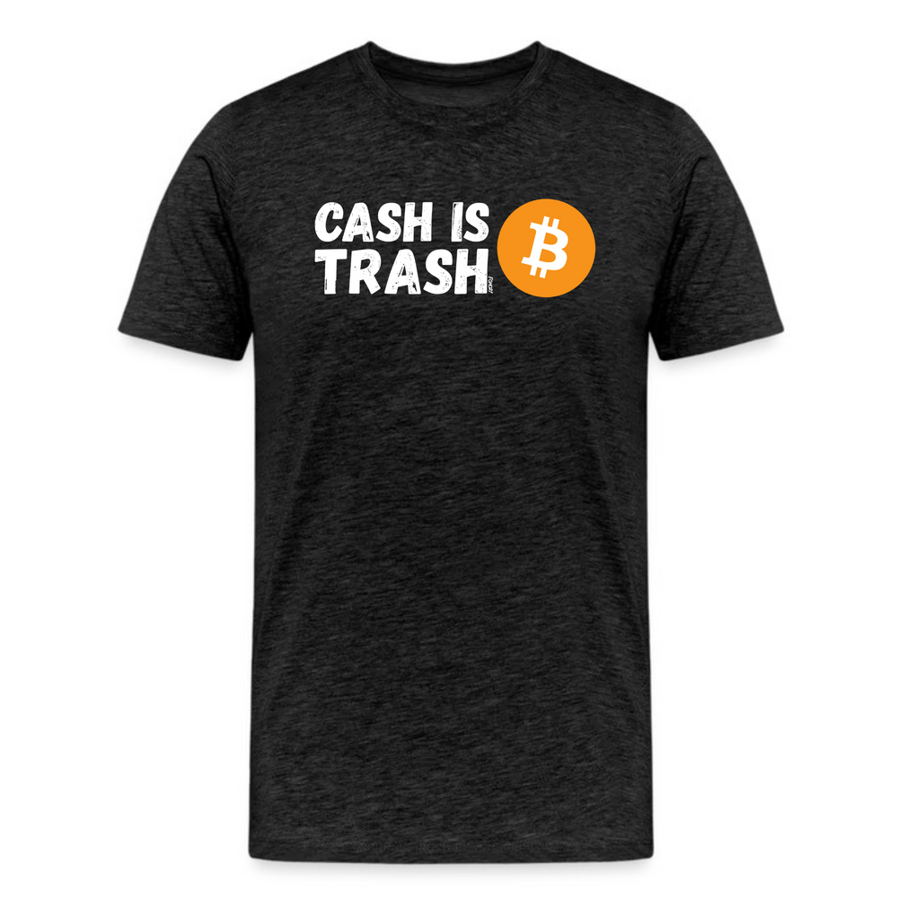 dark grey heather bitcoin-themed "cash is trash" t-shirt with bold white text and orange bitcoin logo