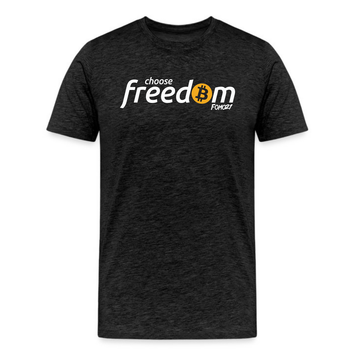 Dark grey heather t-shirt with "Choose Freedom" and Bitcoin logo design, ideal for crypto enthusiasts.