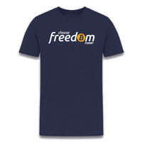 Load image into Gallery viewer, Navy t-shirt featuring &quot;Choose Freedom&quot; text and Bitcoin symbol, perfect for Bitcoin supporters.

