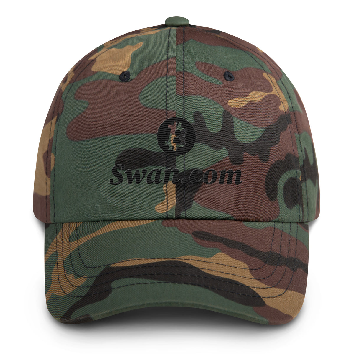 Swan.com Black Vertical Logo Bitcoin Camo Dad Hat