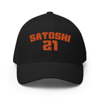 Load image into Gallery viewer, Satoshi 21 (Orange Embroidery) Bitcoin Flexfit Hat - fomo21
