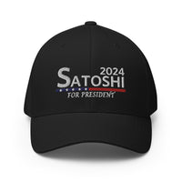 Load image into Gallery viewer, Satoshi For President 2024 (White Embroidery) Bitcoin Flexfit Hat - fomo21
