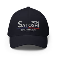 Load image into Gallery viewer, Satoshi For President 2024 (White Embroidery) Bitcoin Flexfit Hat - fomo21
