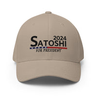 Load image into Gallery viewer, Satoshi For President 2024 (Black Embroidery) Bitcoin Flexfit Hat - fomo21
