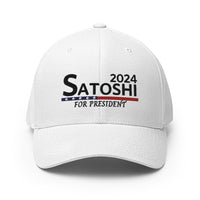 Load image into Gallery viewer, Satoshi For President 2024 (Black Embroidery) Bitcoin Flexfit Hat - fomo21
