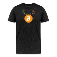 Load image into Gallery viewer, Dark grey heather Bitcoin Christmas reindeer T-shirt featuring a festive design.
