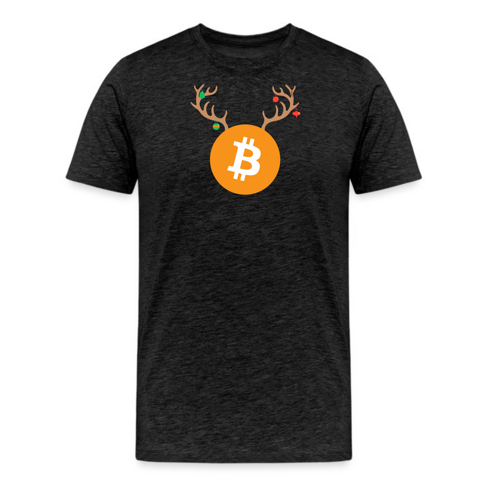 Dark grey heather Bitcoin Christmas reindeer T-shirt featuring a festive design.