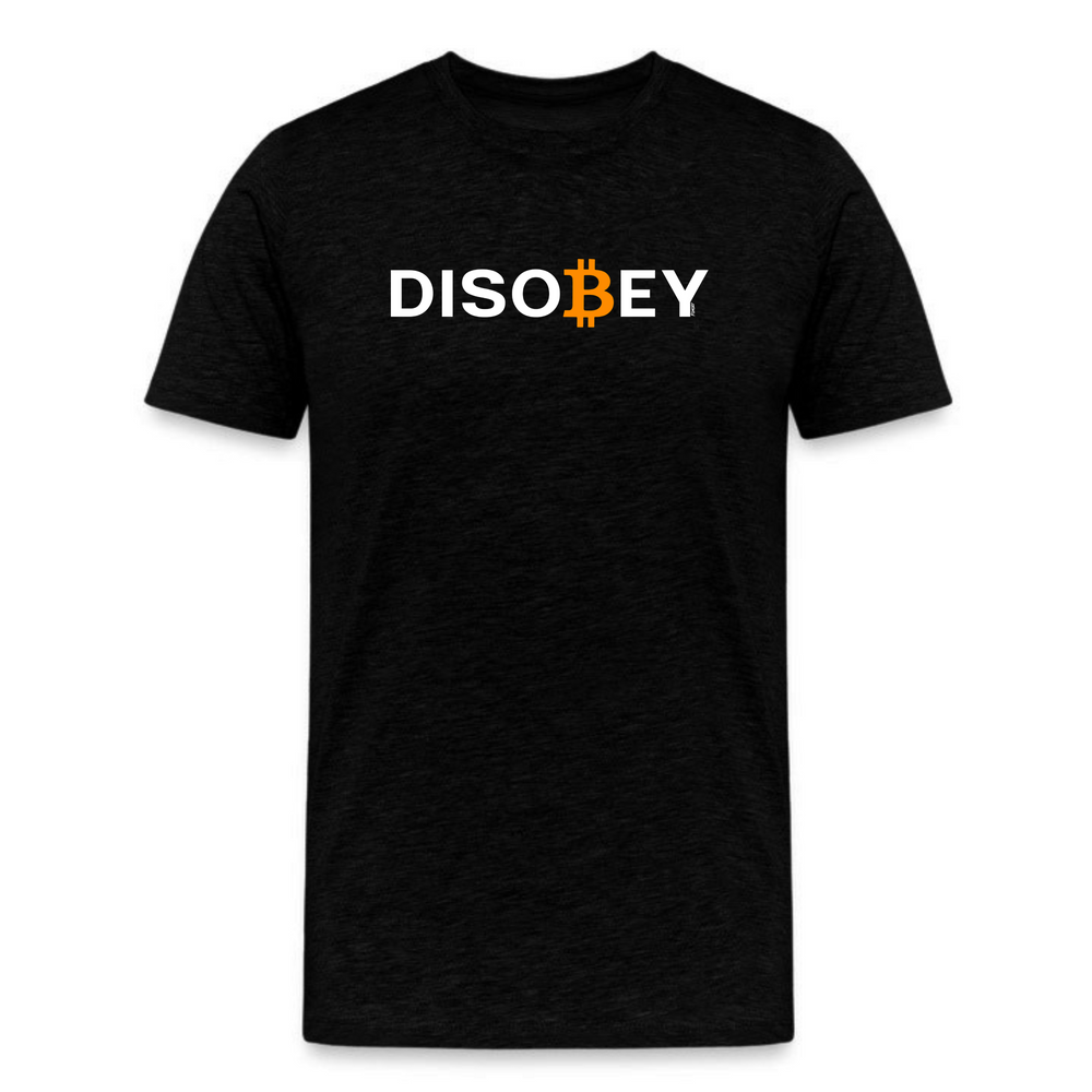 black t-shirt with bold white DISOBEY text and orange bitcoin symbol replacing the letter B