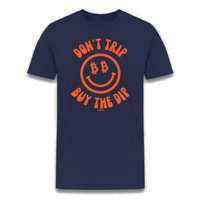 Load image into Gallery viewer, heather midnight navy bitcoin smiley dont trip buy the dip crypto investor graphic t shirt
