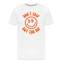 Load image into Gallery viewer, white bitcoin smiley dont trip buy the dip crypto investor graphic t shirt
