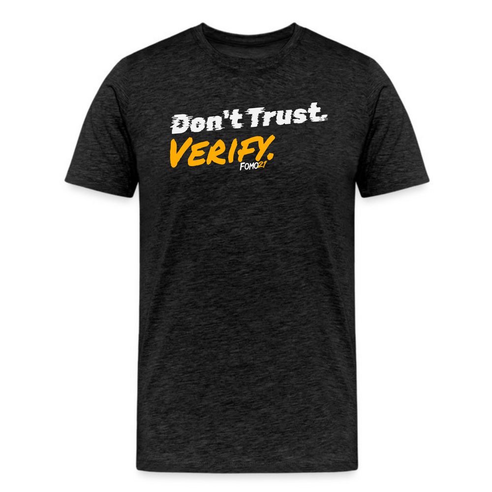 Don't Trust Verify Bitcoin slogan t-shirt in dark grey heather, featuring a minimalist crypto design.